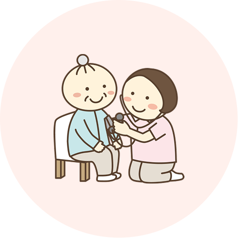 高齢女性と血圧を測る施設員女性のイラスト