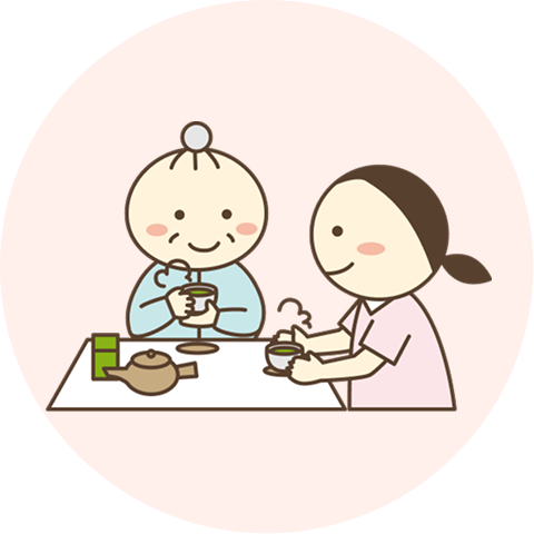 食事をする高齢女性と施設員女性のイラスト