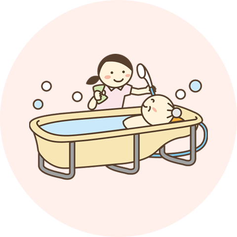 入浴をする高齢女性と施設員女性のイラスト