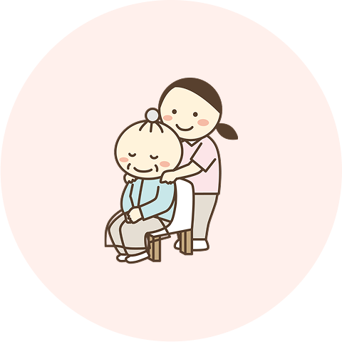 肩を揉まれる高齢女性と施設員女性のイラスト