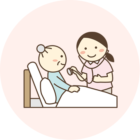 ベッドに身を起こす高齢女性と施設員女性のイラスト